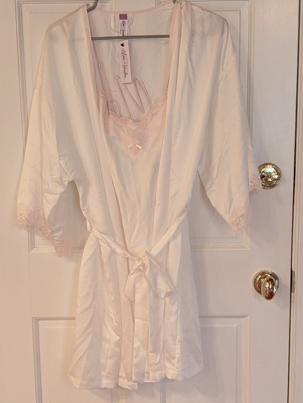 NWT Lilac & London Mrs. 2pc White & Pink Robe Nightgown For Bride Sz L